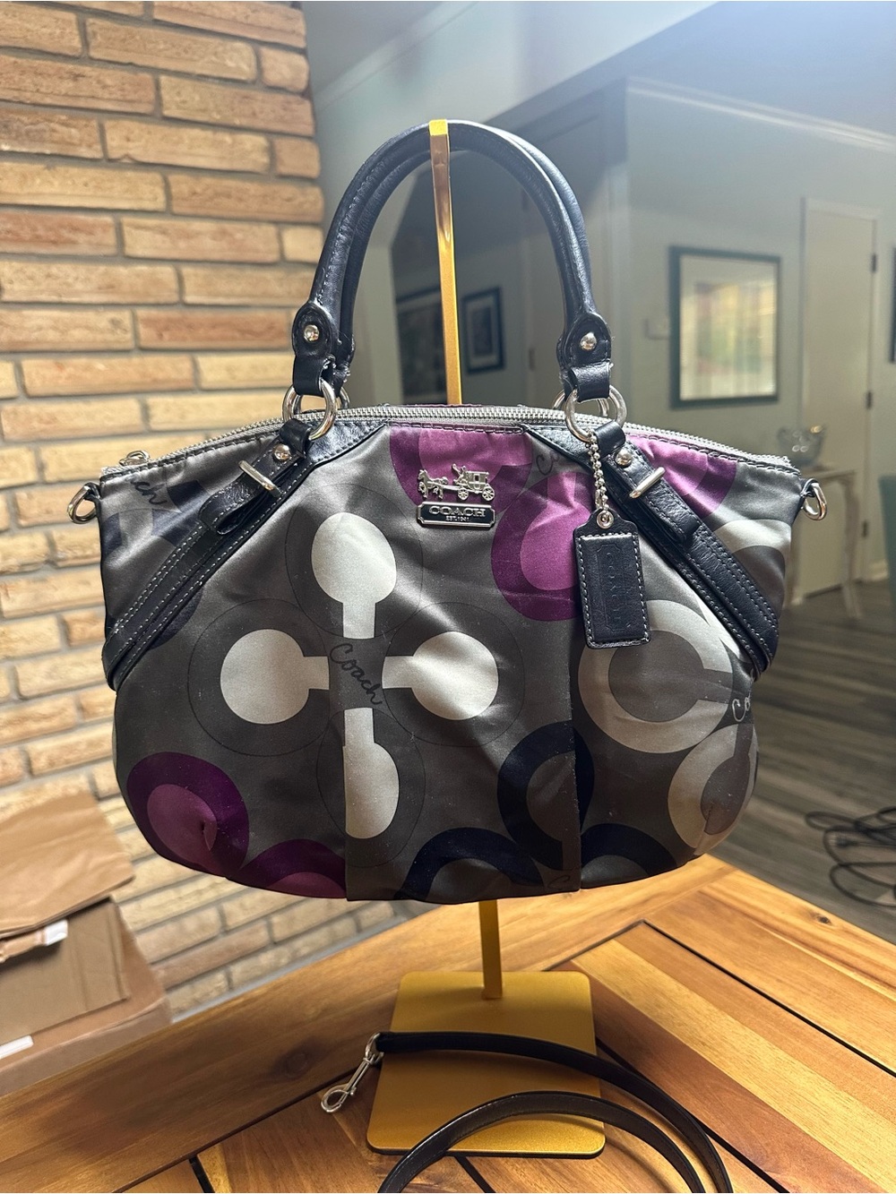 Coach Madison Sophia Black, Gray & Purple Clover Signature Print Shoulder Bag